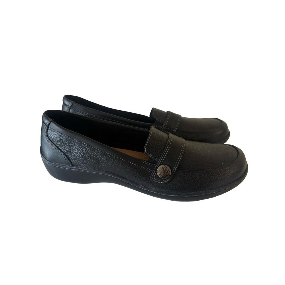 Clarks Womens Cora Daisy Loafers Black Leather Slip On Flat Shoes  SZ 12N NEW